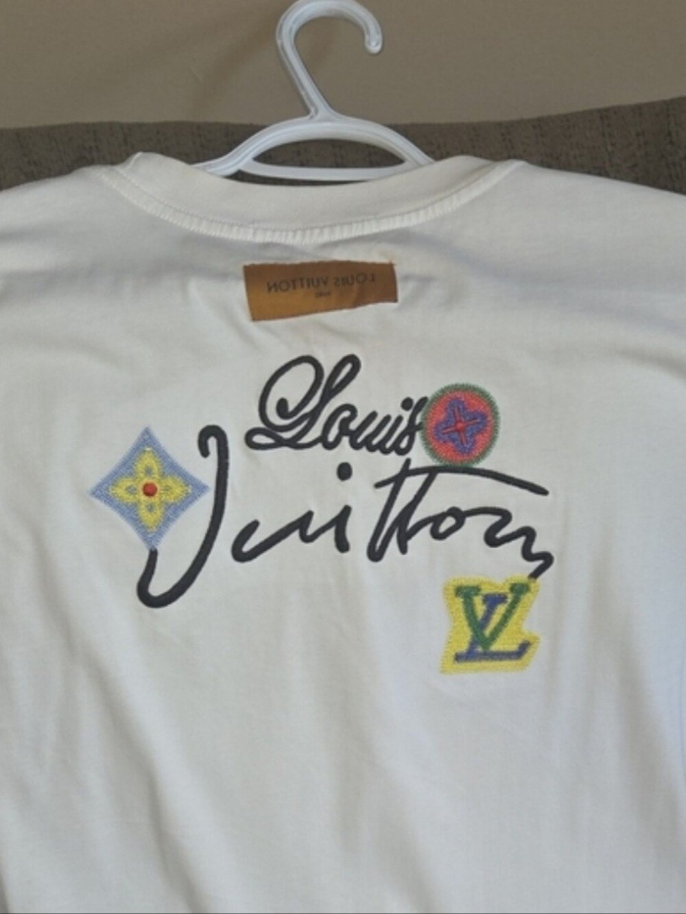 Louis Vuitton White Mens Tee with Colorful Embroidered Motif